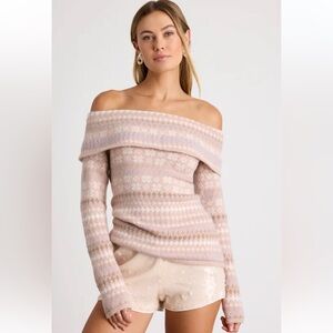 Lulu’s Edine Blush Fair Isle Off-the-Shoulder Sweater Top, size Small